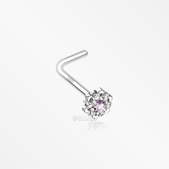 14 Karat White Gold Glistening Multi-Gem Flower Sparkle L-Shaped Nose Ring - Picture 5 of 5